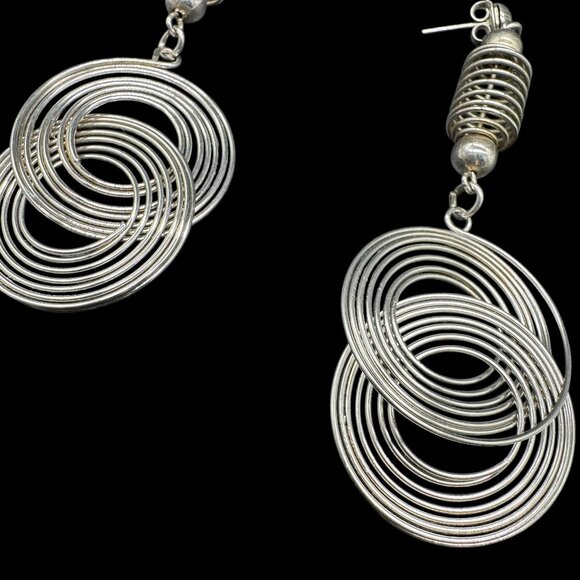 Silver Tone Statement Earrings Pierced Metal Large Circles Dangling Modern - Picture 4 of 6